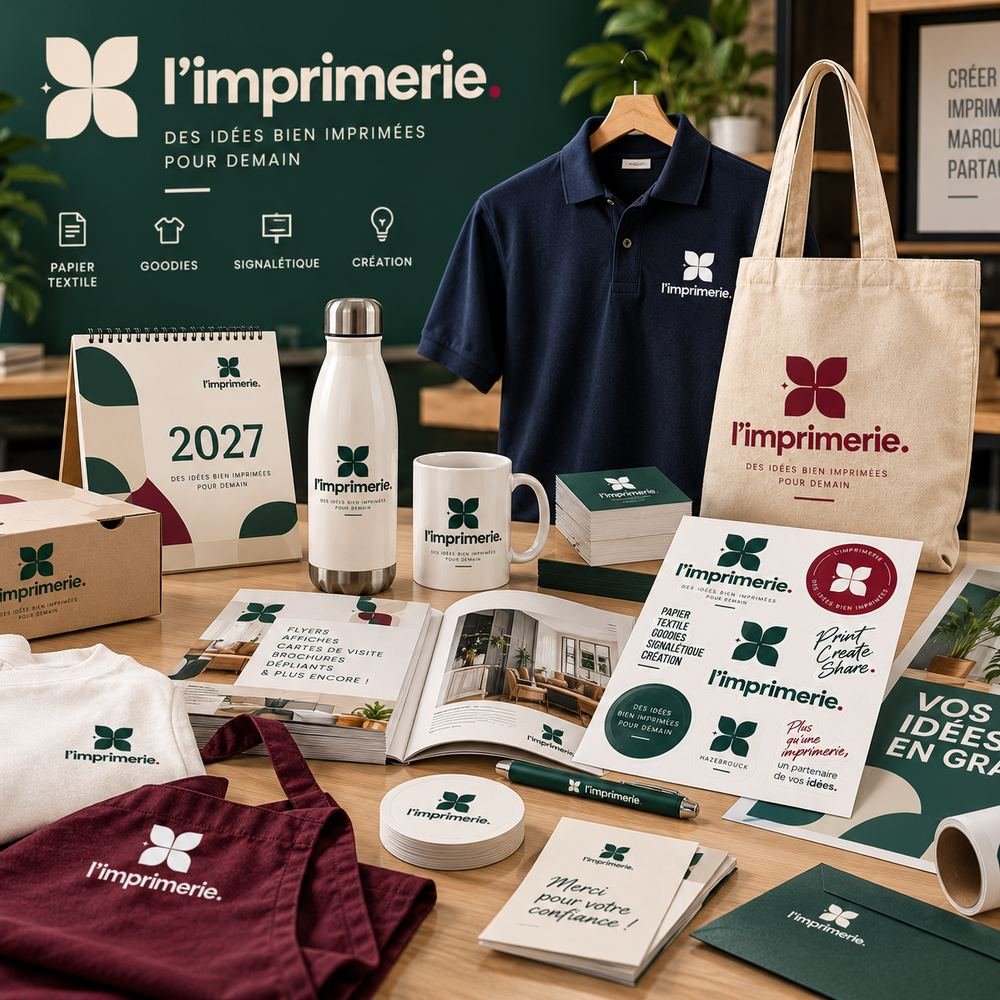 Supports imprimés par L'imprimerie à Hazebrouck : flyers, cartes de visite, textile, mugs, gourdes et stickers personnalisés